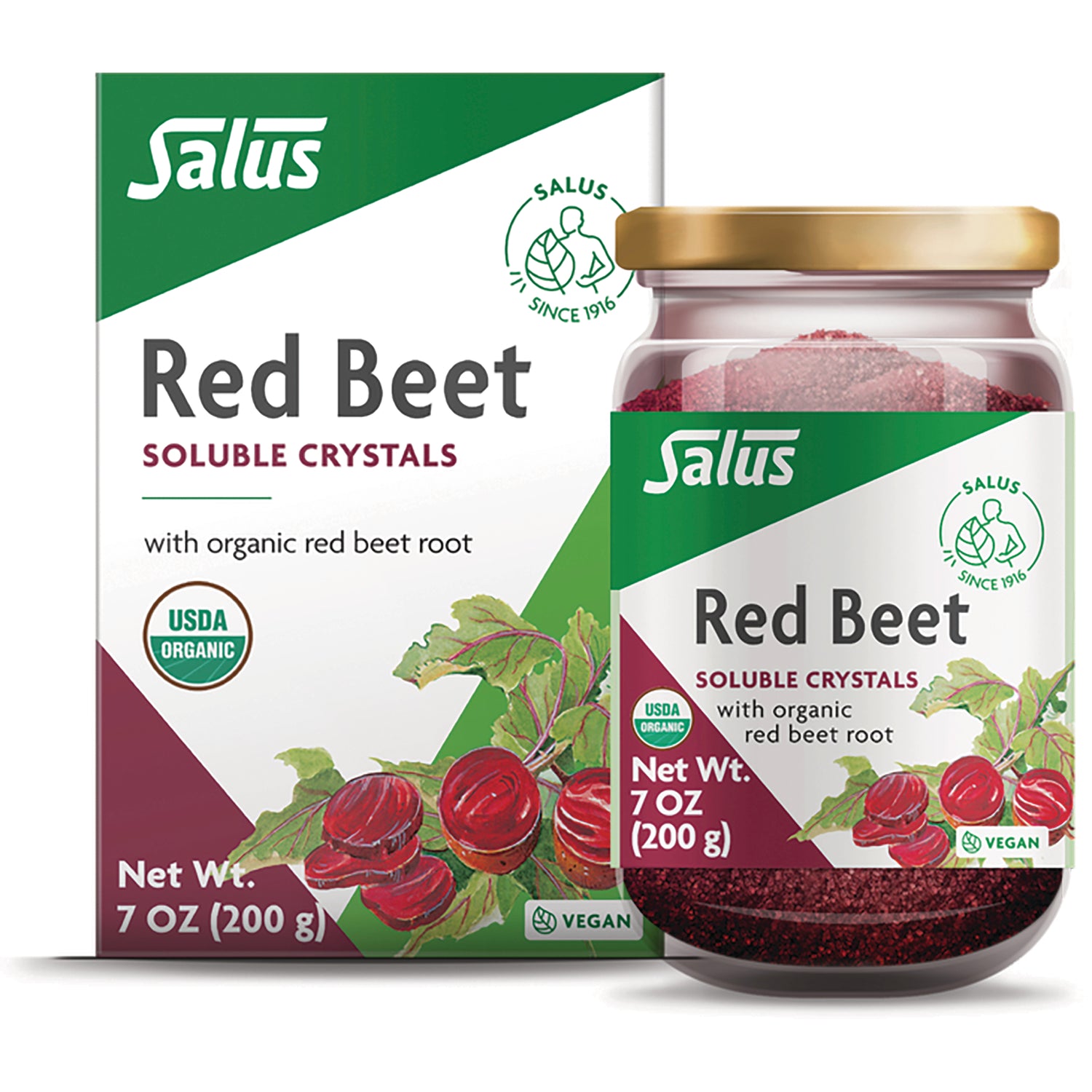 FDX005 | Salus Red Beet soluble crystals jar and box with USDA Organic label, Net Wt 7 OZ (200 g)