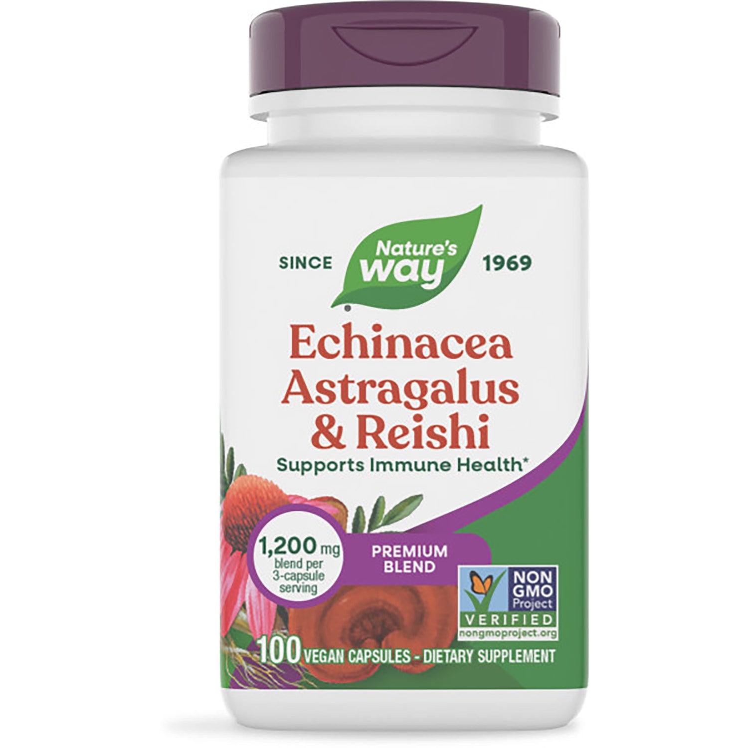 NW072 | Brown supplement bottle with blue Nature's Way label reading Echinacea Astragalus & Reishi premium blend, 100 vegan capsules