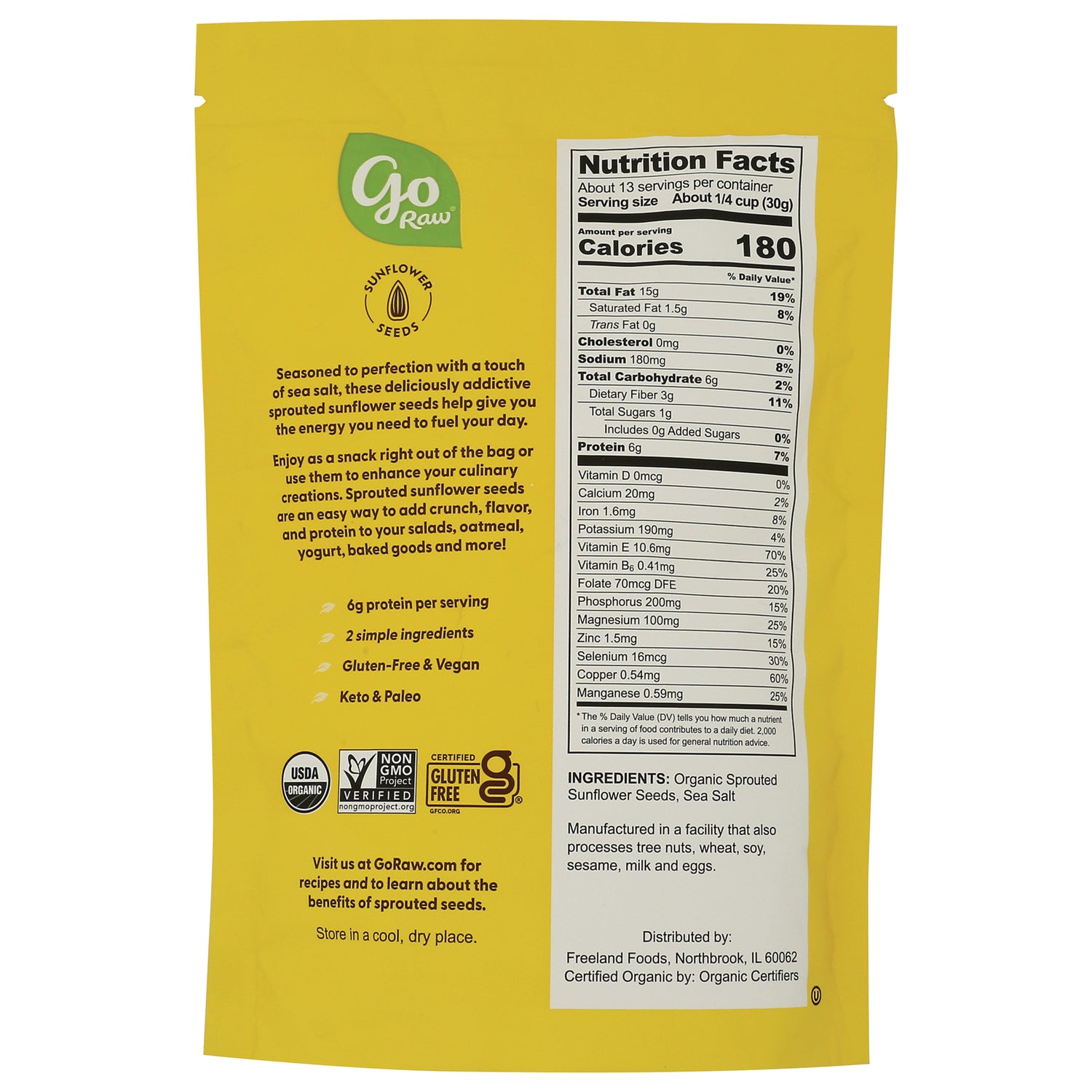 GOR003 | Back of yellow Go Raw sunflower seeds pouch showing nutrition facts panel and ingredients