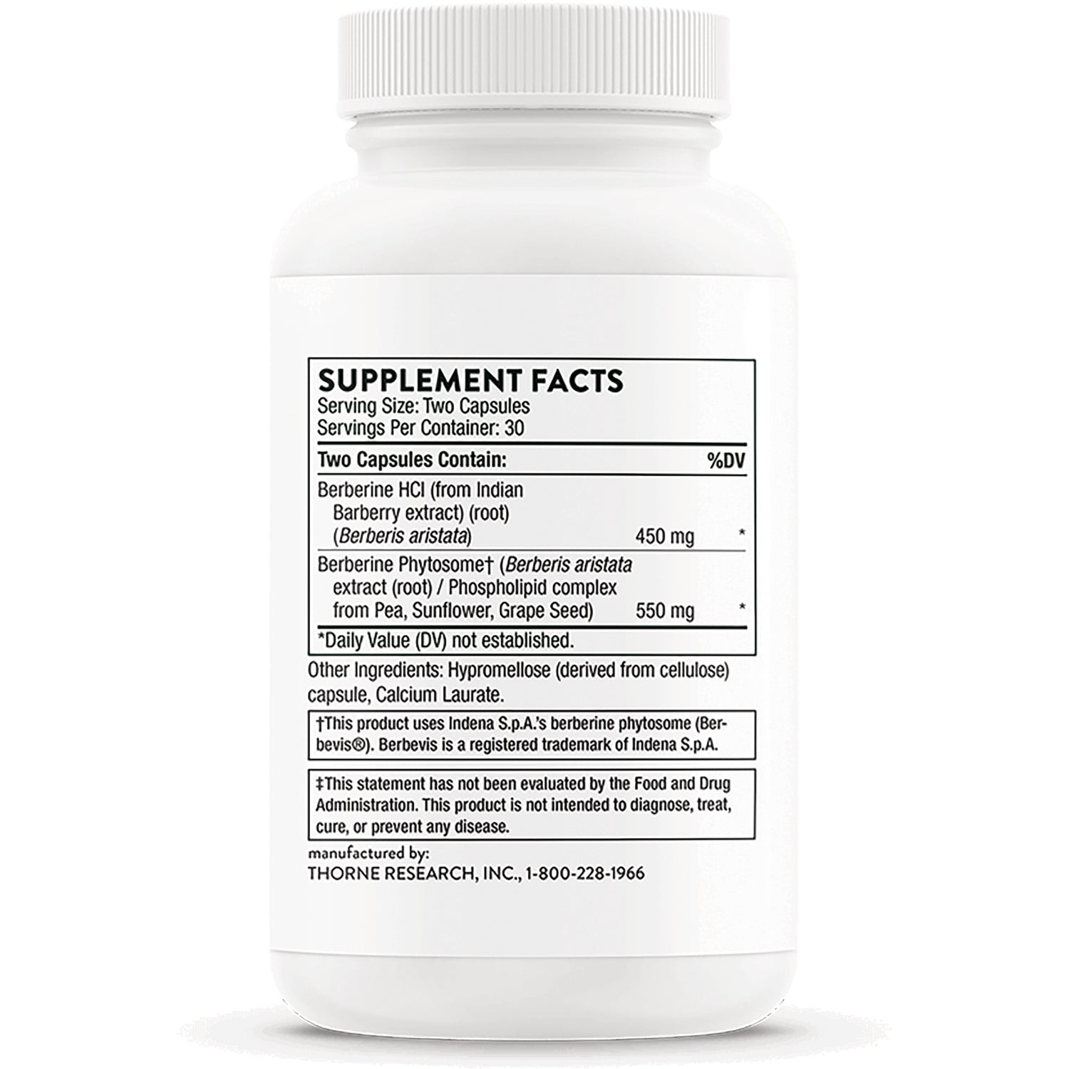 TRN014 | Back of supplement bottle showing Supplement Facts: Berberine HCl 450 mg; Berberine Phytosome 550 mg
