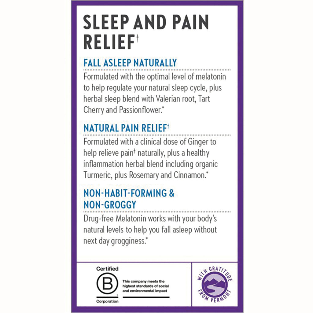 NWC359 | product infographic listing sleep and pain relief benefits, melatonin and herbal blend, non-habit-forming and non-groggy, certification logos - Thumbnail