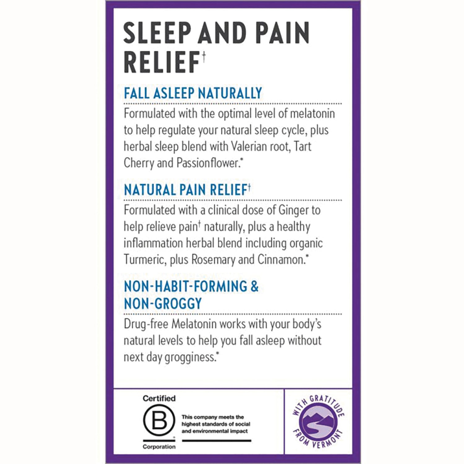 NWC359 | product infographic listing sleep and pain relief benefits, melatonin and herbal blend, non-habit-forming and non-groggy, certification logos