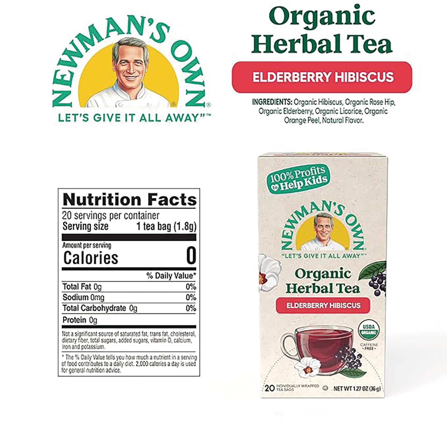 NWM044 | nutrition facts panel beside Newman's Own Organic Herbal Tea Elderberry Hibiscus box