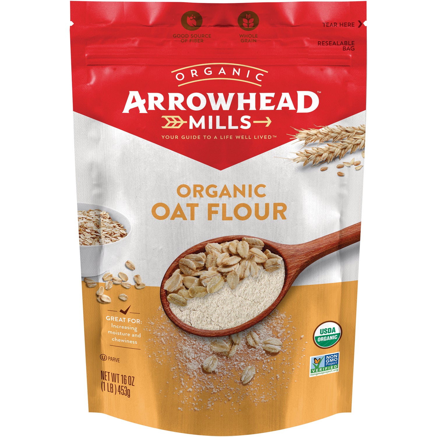 AHM064 | Arrowhead Mills Organic Oat Flour resealable bag, 16 oz, USDA Organic and Non-GMO Project Verified