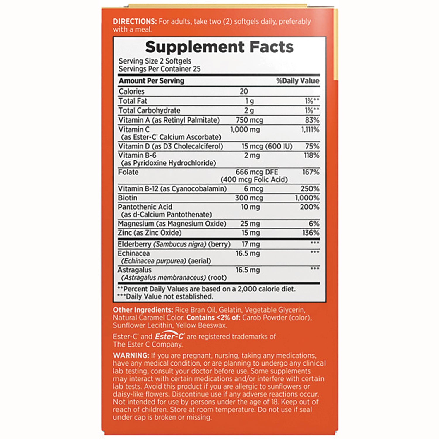 NBY084 | Back panel showing Supplement Facts table with vitamins, minerals, elderberry, echinacea and warning text