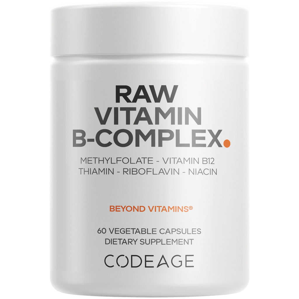 CDG068 | White bottle labeled RAW VITAMIN B-COMPLEX, 60 vegetable capsules dietary supplement, CODEAGE - Thumbnail