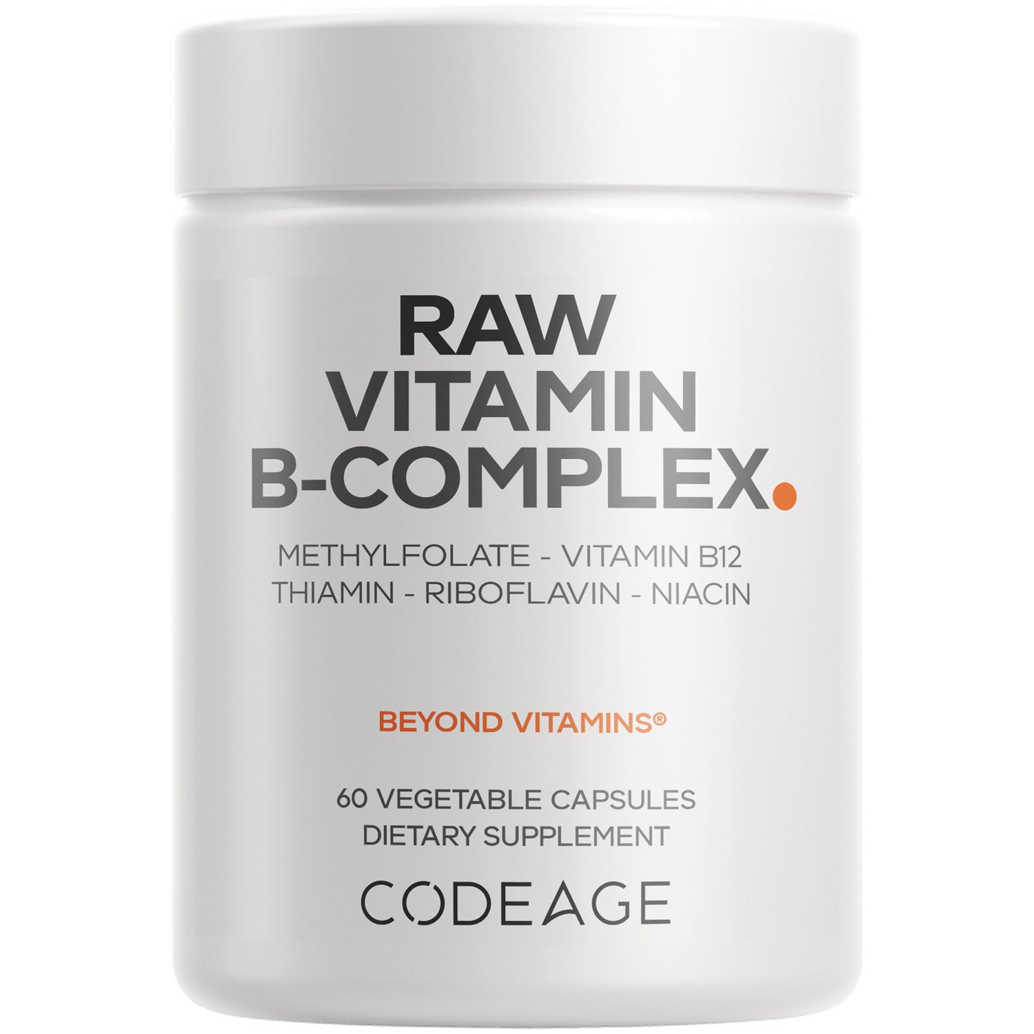 CDG068 | White bottle labeled RAW VITAMIN B-COMPLEX, 60 vegetable capsules dietary supplement, CODEAGE