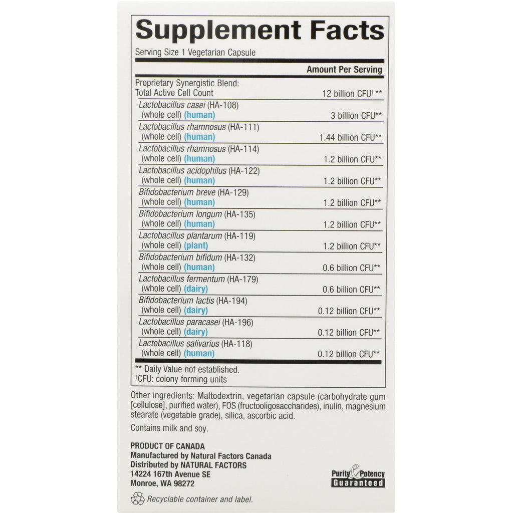 NFC136 | Supplement Facts panel listing probiotic strains with CFU amounts, other ingredients and manufacturer info - Thumbnail