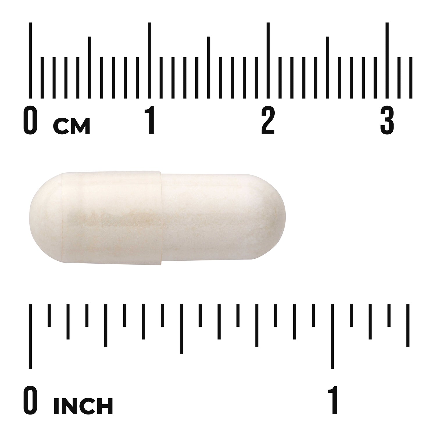 SW062 | White capsule shown with centimeter and inch rulers to indicate size (about 2 cm long)