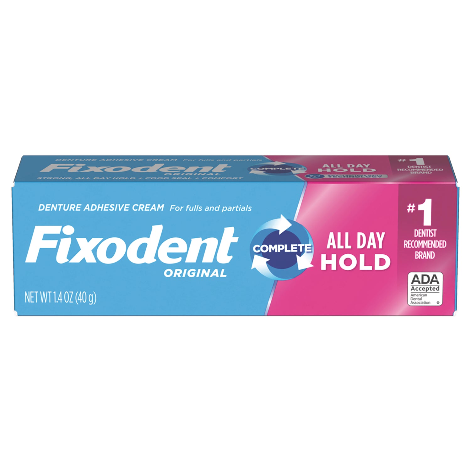 FIX004 | Fixodent Original denture adhesive cream box with All Day Hold label and ADA Accepted logo