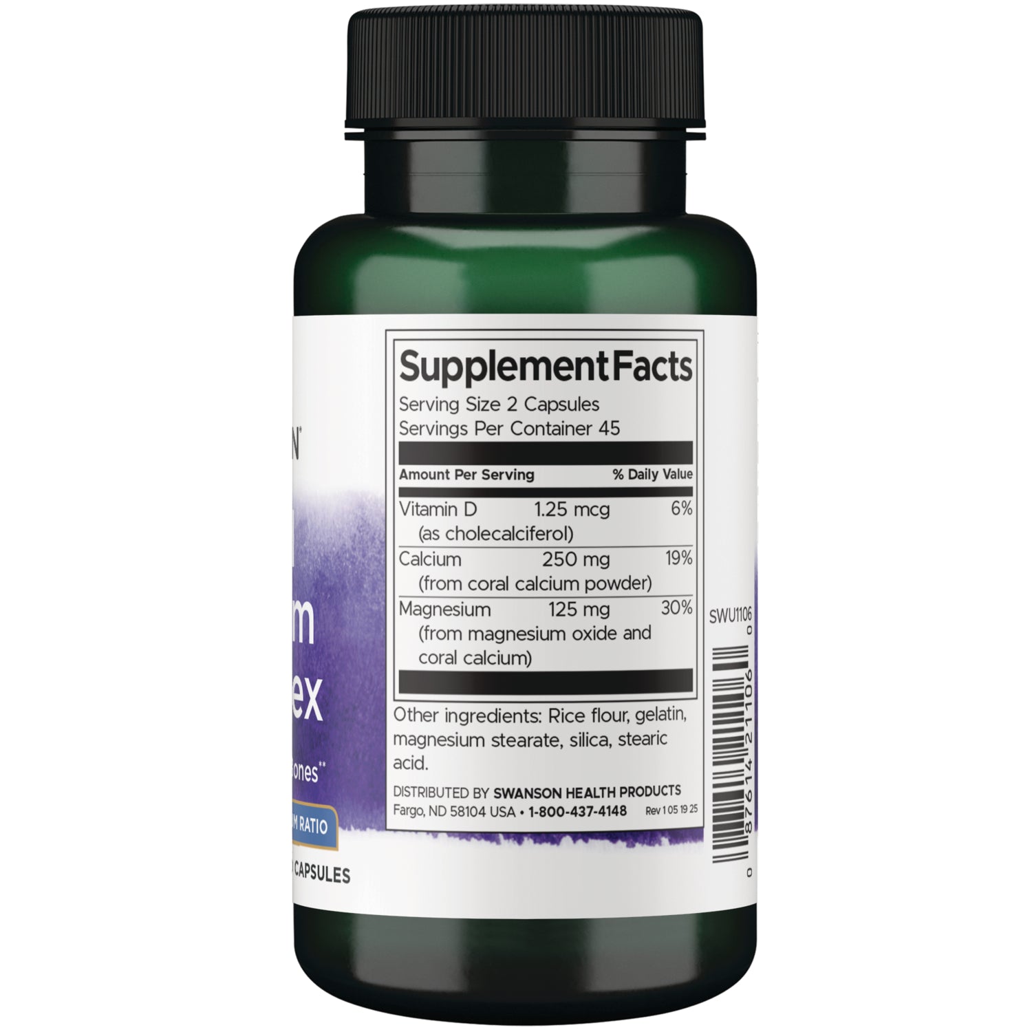 SWU1106 | Back label with Supplement Facts panel, serving size 2 capsules; calcium 250 mg, magnesium 125 mg