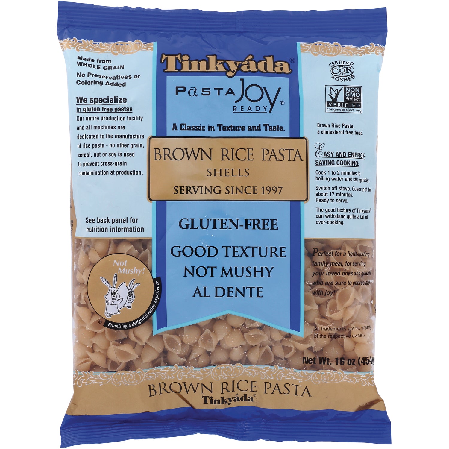 TKY011 | Tinkyada Pasta Joy Brown Rice Pasta Shells, gluten-free, 16 oz bag front