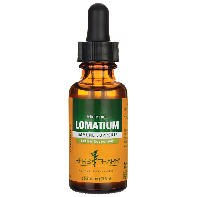 HPH024 | Amber glass dropper bottle labeled LOMATIUM immune support herbal supplement 1 fluid ounce