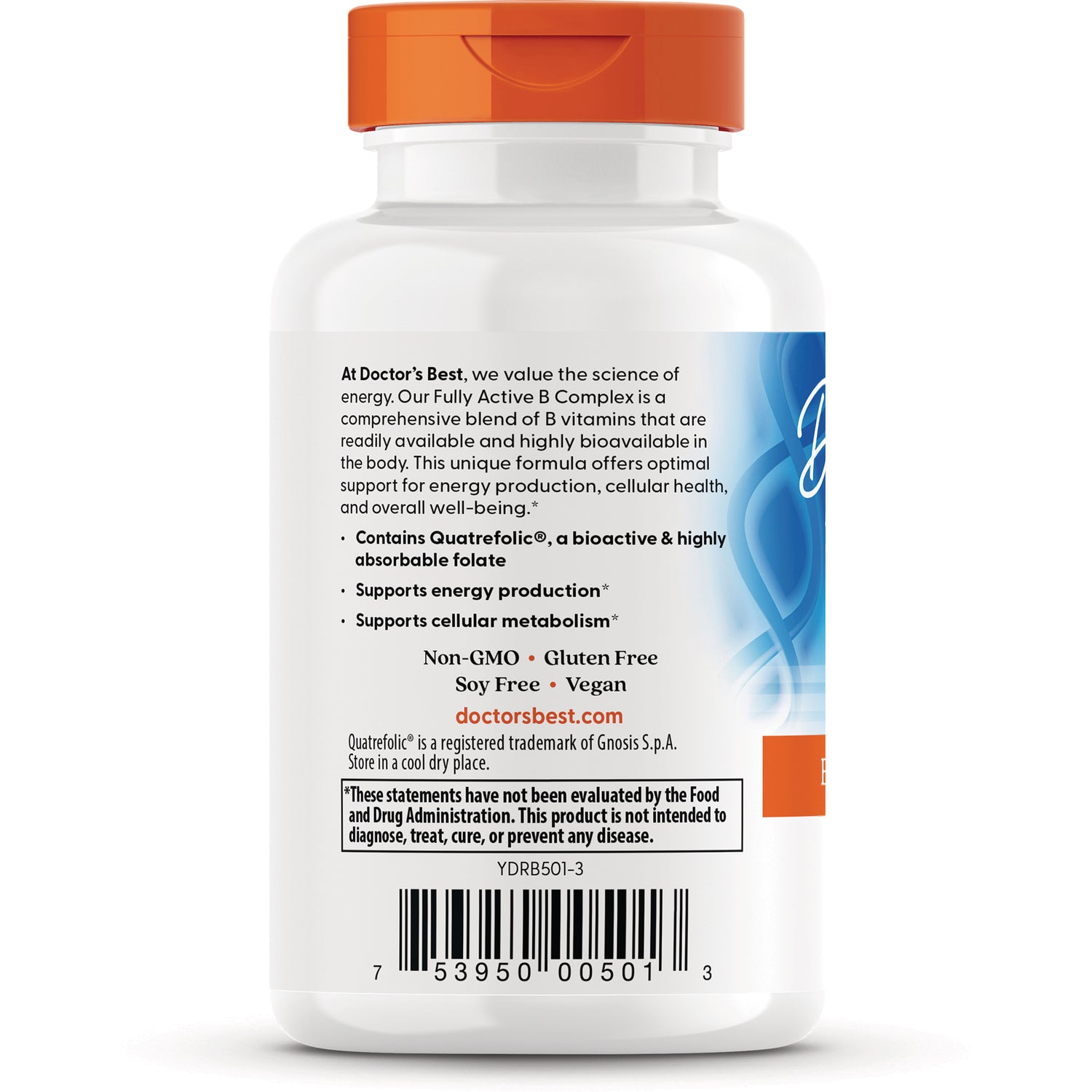 DB290 | back label of white supplement bottle showing product description, benefits bullets, non-GMO gluten free vegan text and barcode