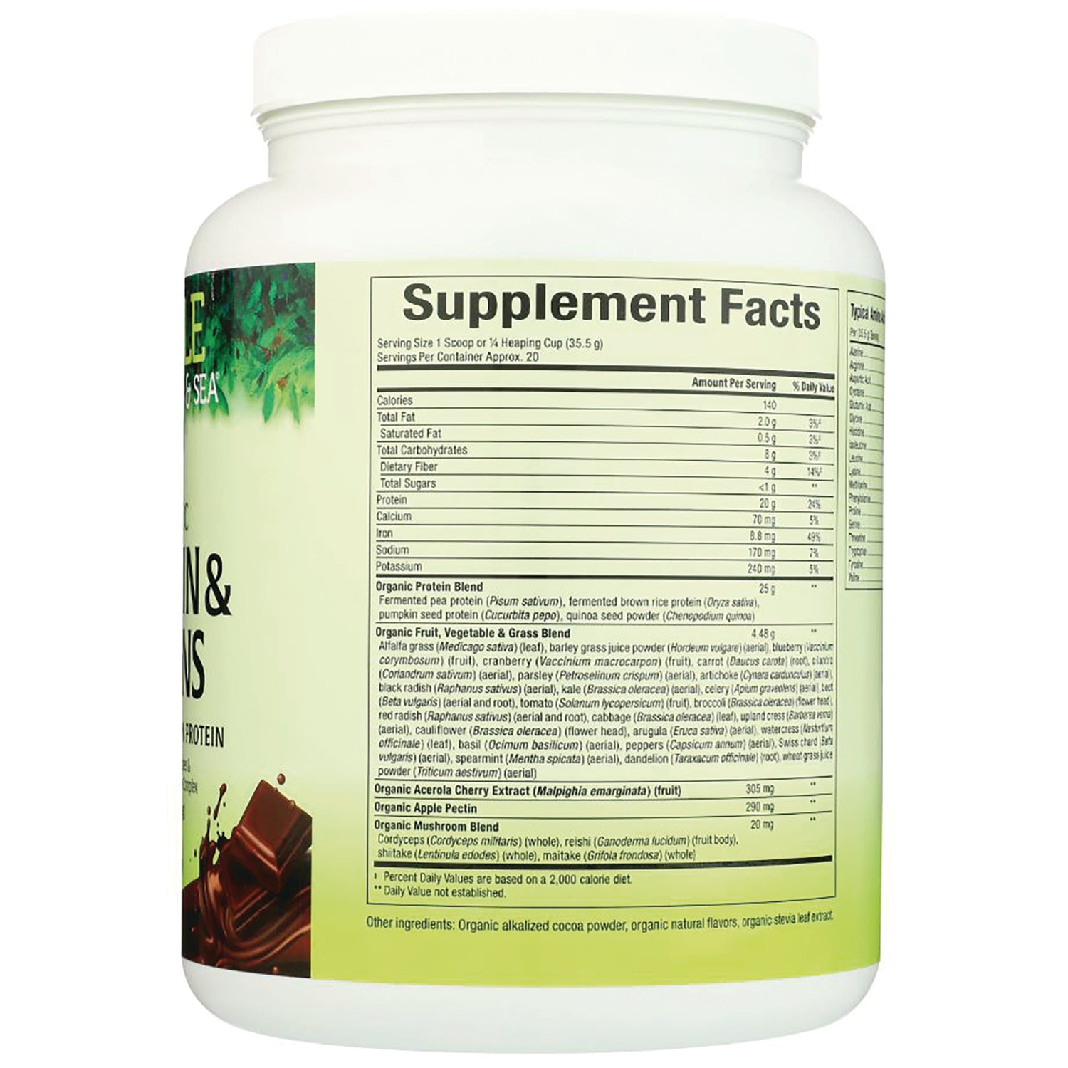 NFC199 | back label showing supplement facts panel and ingredient list on green protein powder container