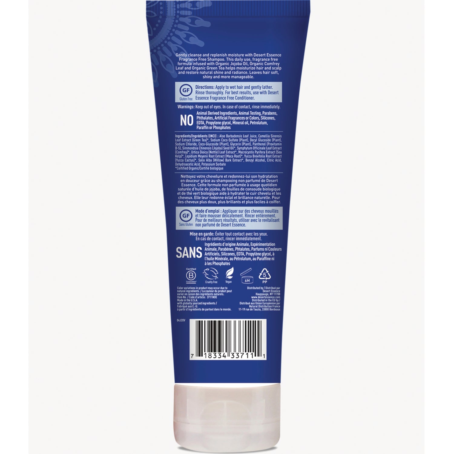 DST017 | Back of blue shampoo tube showing ingredients, directions, warnings and barcode