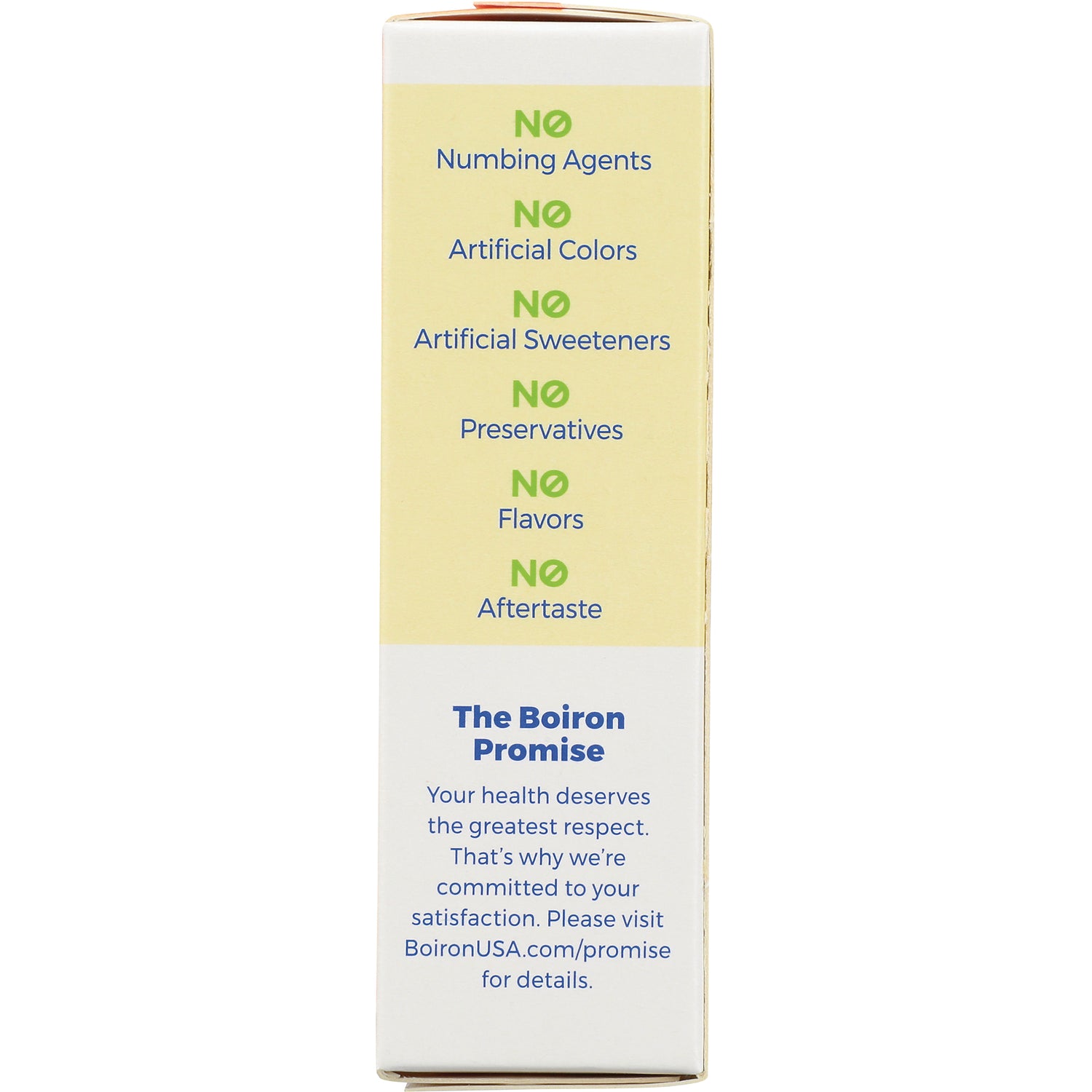 BRN114 | side panel showing list: NO Numbing Agents; NO Artificial Colors; NO Artificial Sweeteners; NO Preservatives; NO Flavors; NO Aftertaste and The Boiron Promise