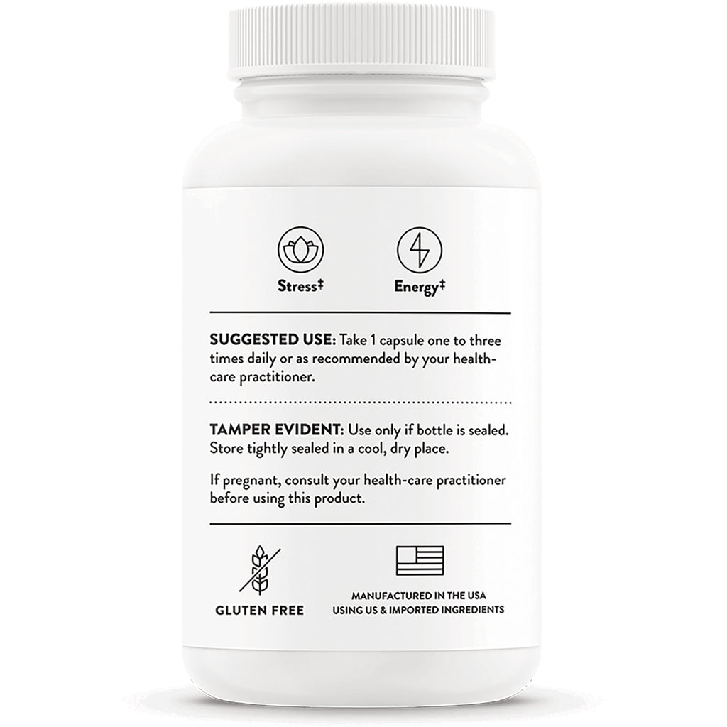 TRN019 | Back label showing suggested use, tamper evident notice, icons: Stress, Energy, Gluten Free, Made in USA - Thumbnail