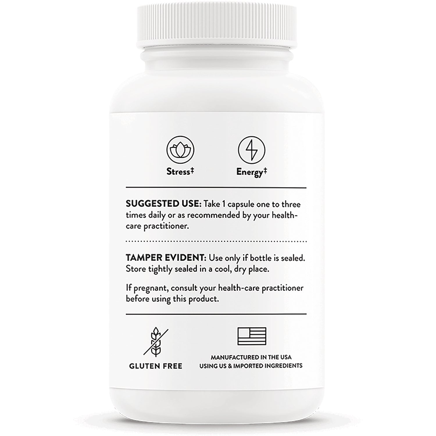TRN019 | Back label showing suggested use, tamper evident notice, icons: Stress, Energy, Gluten Free, Made in USA