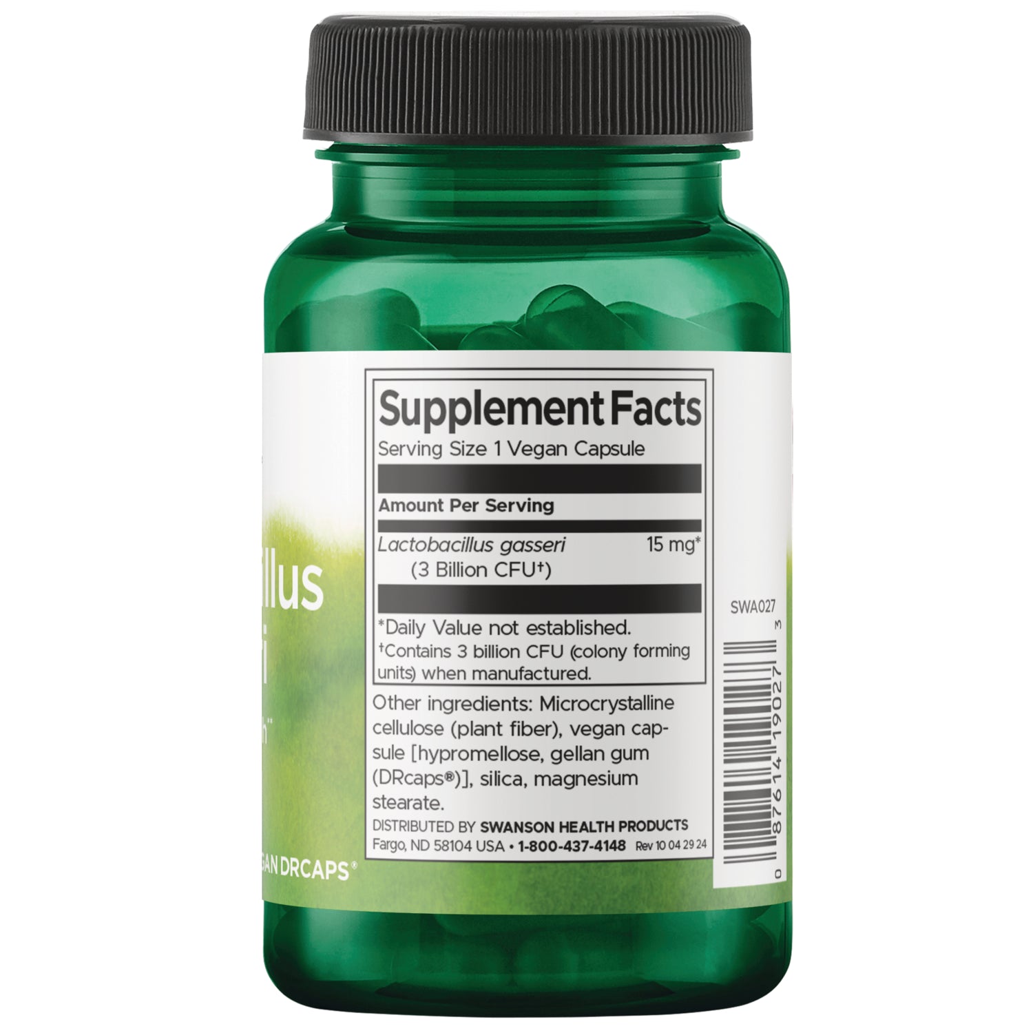 SWA058 | Back label of  Swanson Vitamins Lactobacillus Gasseri  3 billion CFU  supplement facts 60 vegan capsules