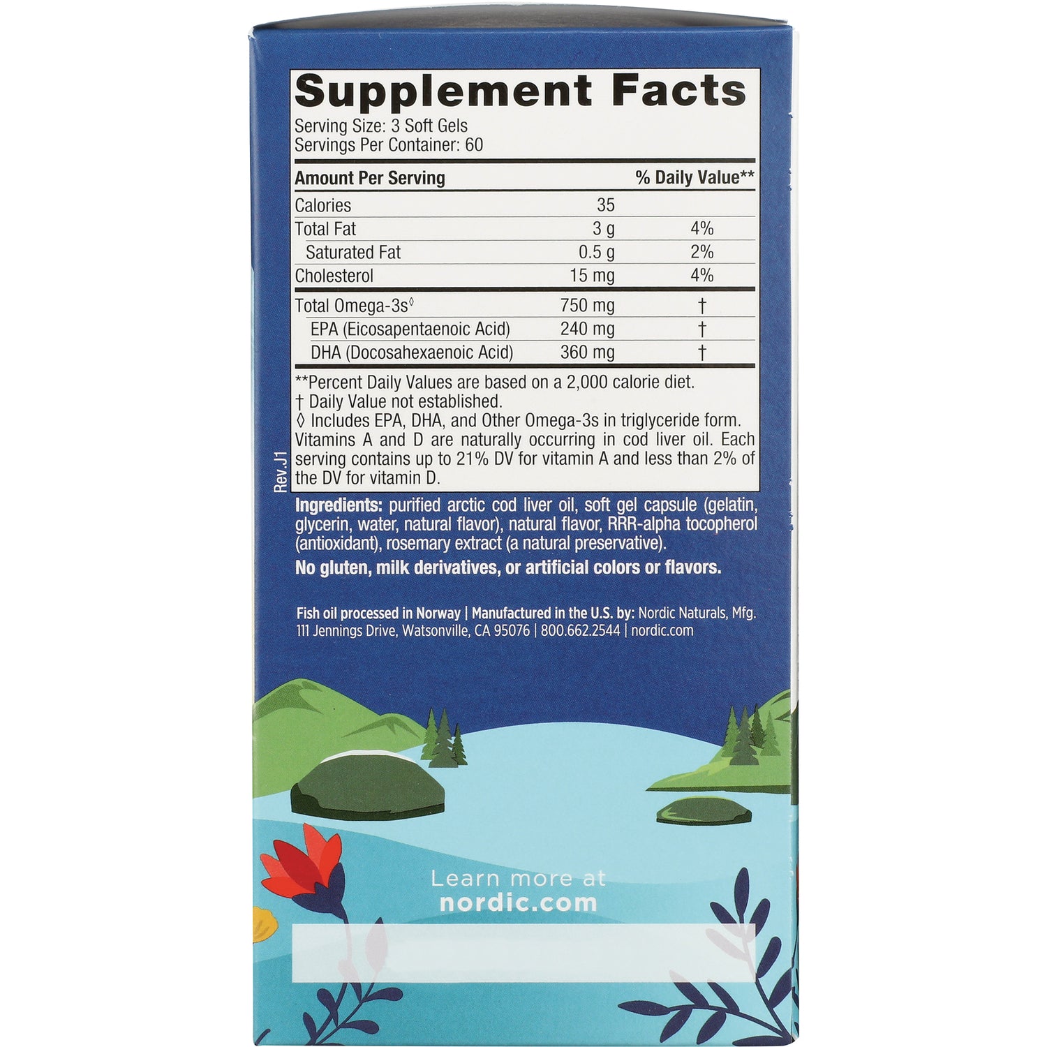 NRN020 | back panel showing Supplement Facts, ingredient list, and company info for cod liver oil soft gels