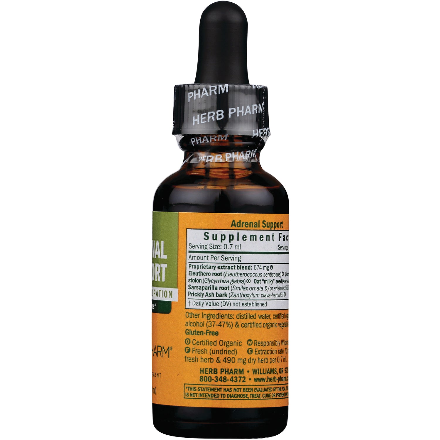 HPH001 | Brown dropper bottle back showing Supplement Facts label and ingredients for Adrenal Support