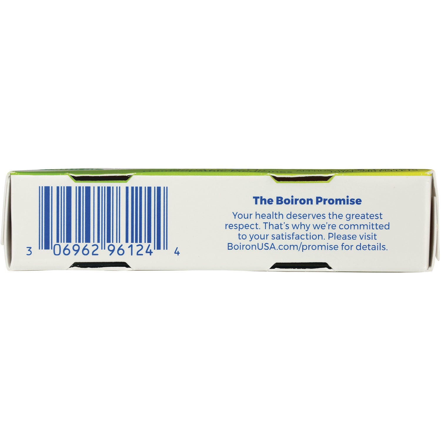 BRN100 | back of white product box showing barcode and the text The Boiron Promise and BoironUSA.com/promise