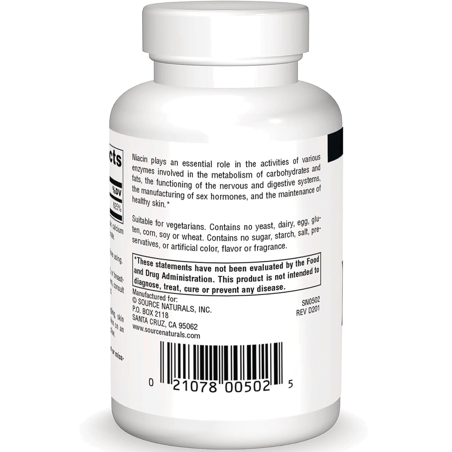 SN701 | Supplement bottle back label with ingredients text, FDA disclaimer, manufacturer info, and barcode