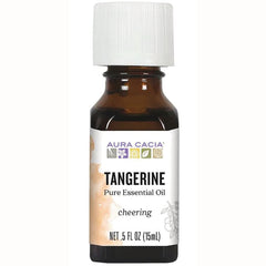 ARC042 | amber glass bottle with white cap labeled AURA CACIA TANGERINE pure essential oil 0.5 fl oz