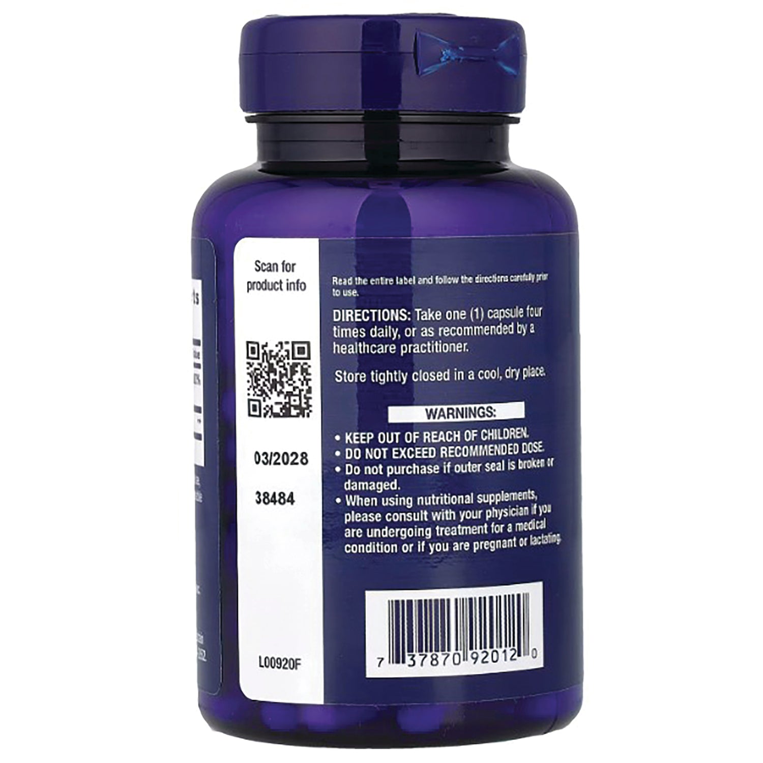LE320 | Back label of a purple supplement bottle with directions, warnings, QR code, and barcode
