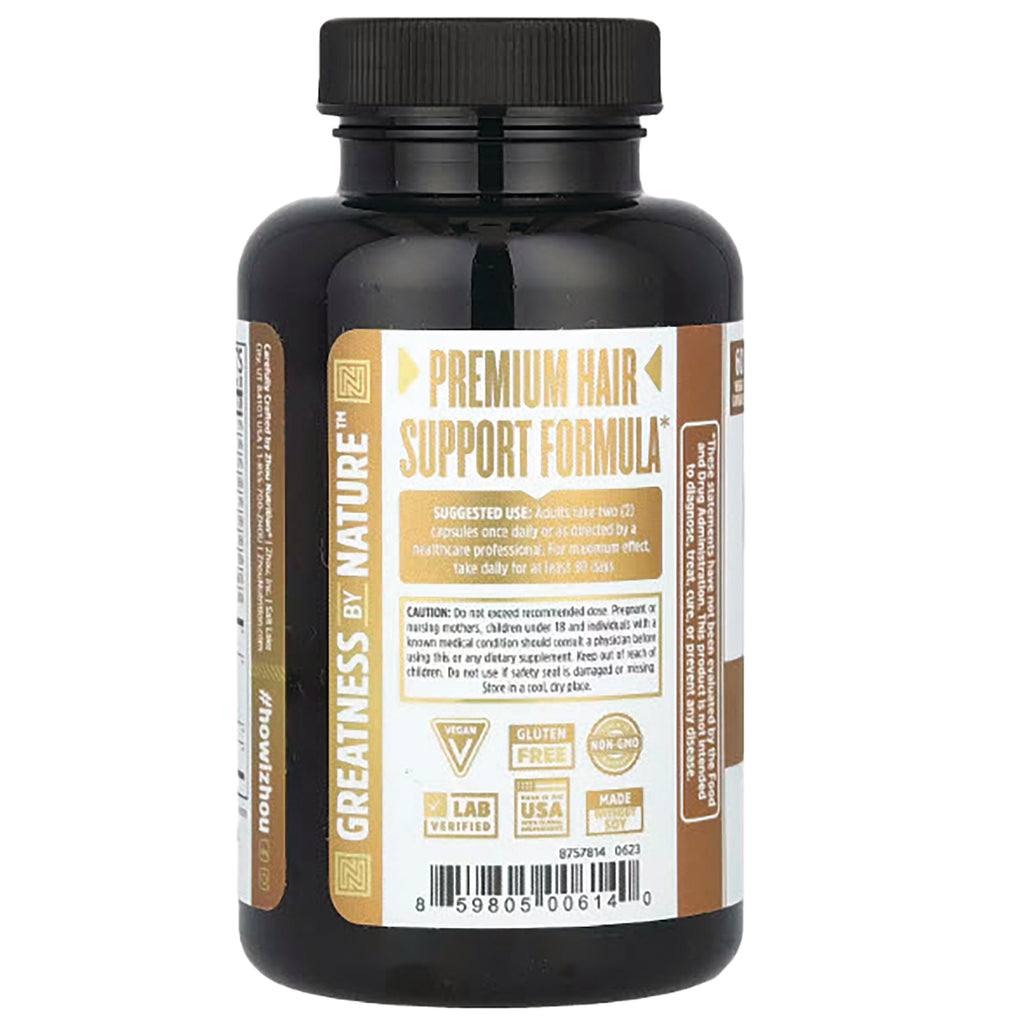 ZOU010 | Back label of supplement bottle: Premium Hair Support Formula; icons Vegan, Gluten Free, Non-GMO, Made in USA - Thumbnail