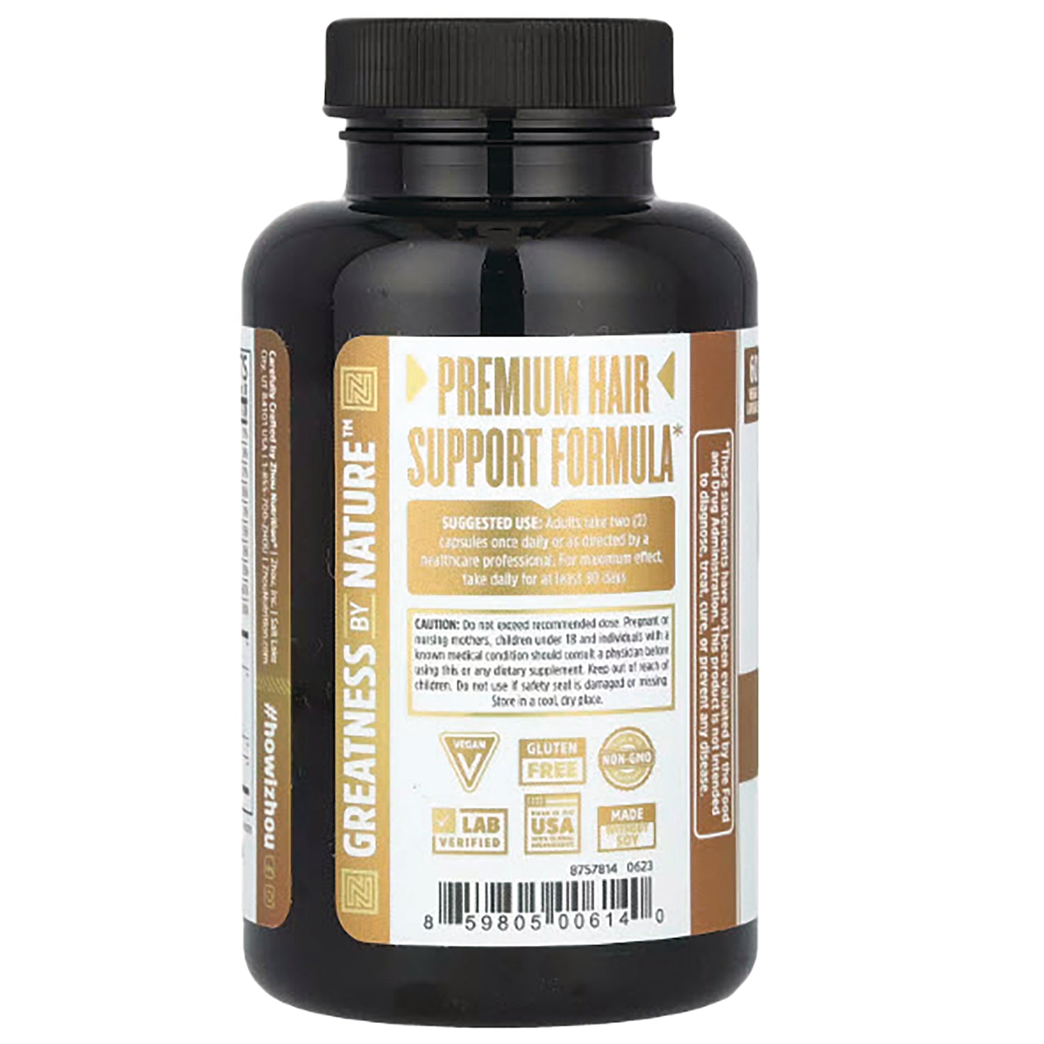 ZOU010 | Back label of supplement bottle: Premium Hair Support Formula; icons Vegan, Gluten Free, Non-GMO, Made in USA