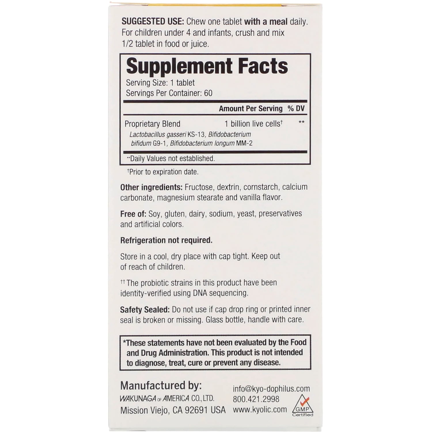 KY105 | back of supplement box showing Supplement Facts panel, serving size, ingredients, and safety information
