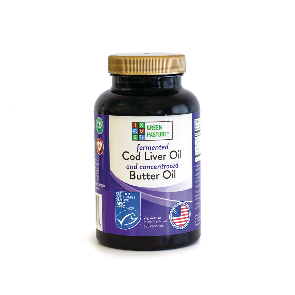 GRP015 | Green Pasture fermented Cod Liver Oil and concentrated Butter Oil supplement bottle front label - Thumbnail