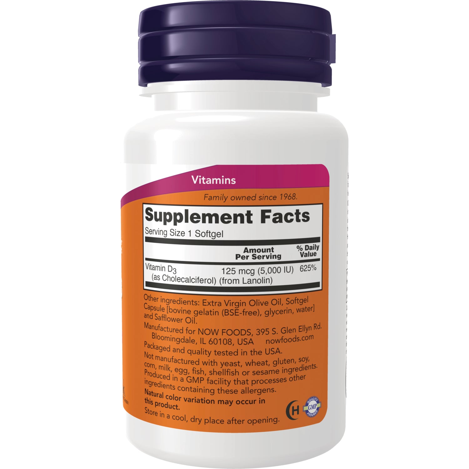 NWF391 | Back label showing Supplement Facts for Vitamin D3 125 mcg (5,000 IU) softgels