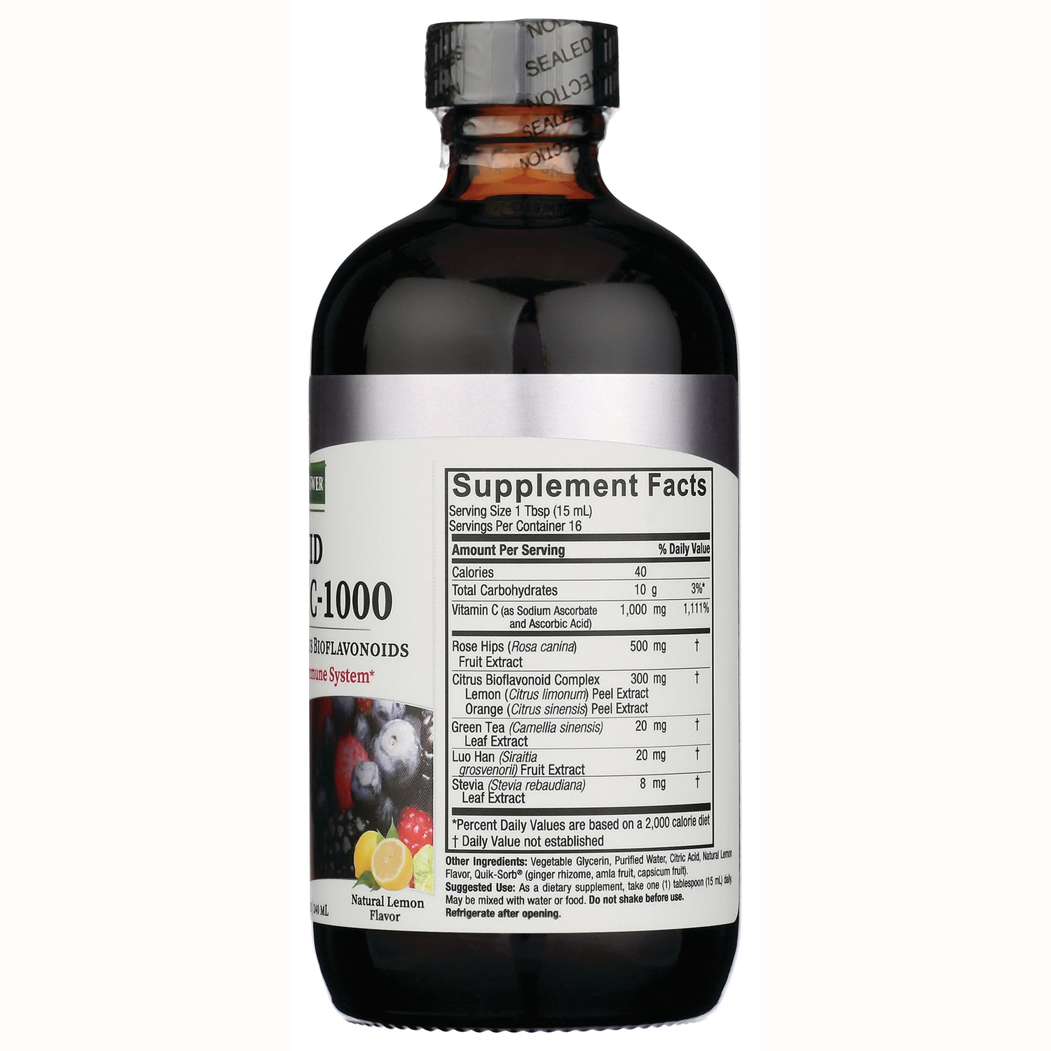 NAT097 | Back of brown supplement bottle showing Supplement Facts nutrition label and ingredient list, Natural Lemon Flavor