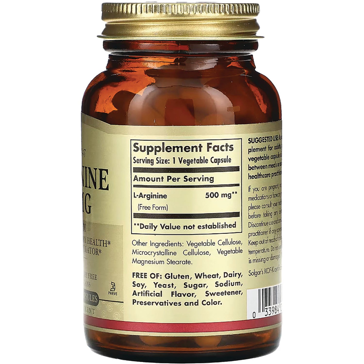 SLG332 | Back label showing Supplement Facts for L-Arginine 500 mg, ingredient list, free-of claims and barcode