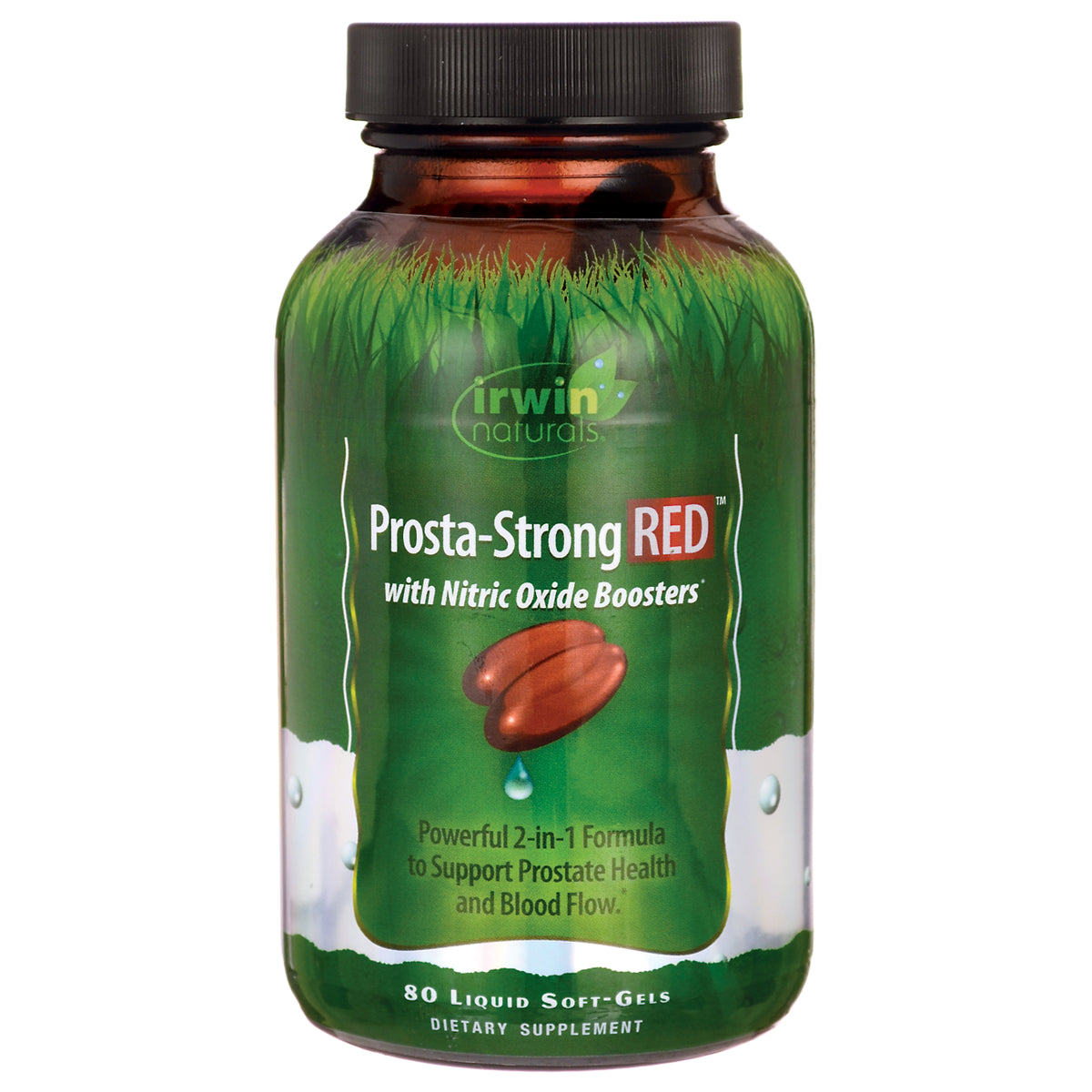 IR117 | Irwin Naturals Prosta-Strong RED bottle with green label reading Prosta-Strong RED with Nitric Oxide Boosters, 80 liquid soft-gels