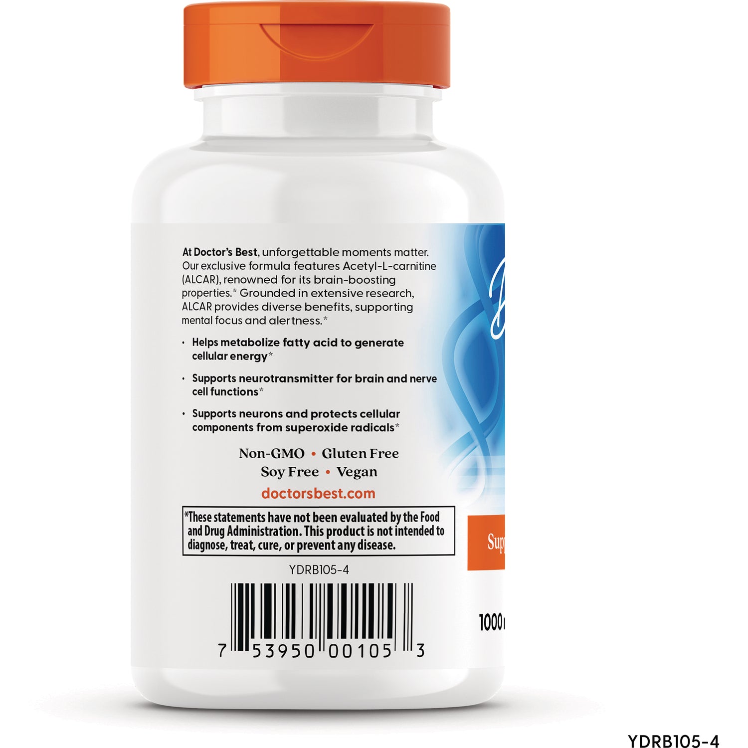 DB122 | back label of Doctor's Best supplement bottle showing product claims, barcode, and ingredient highlights