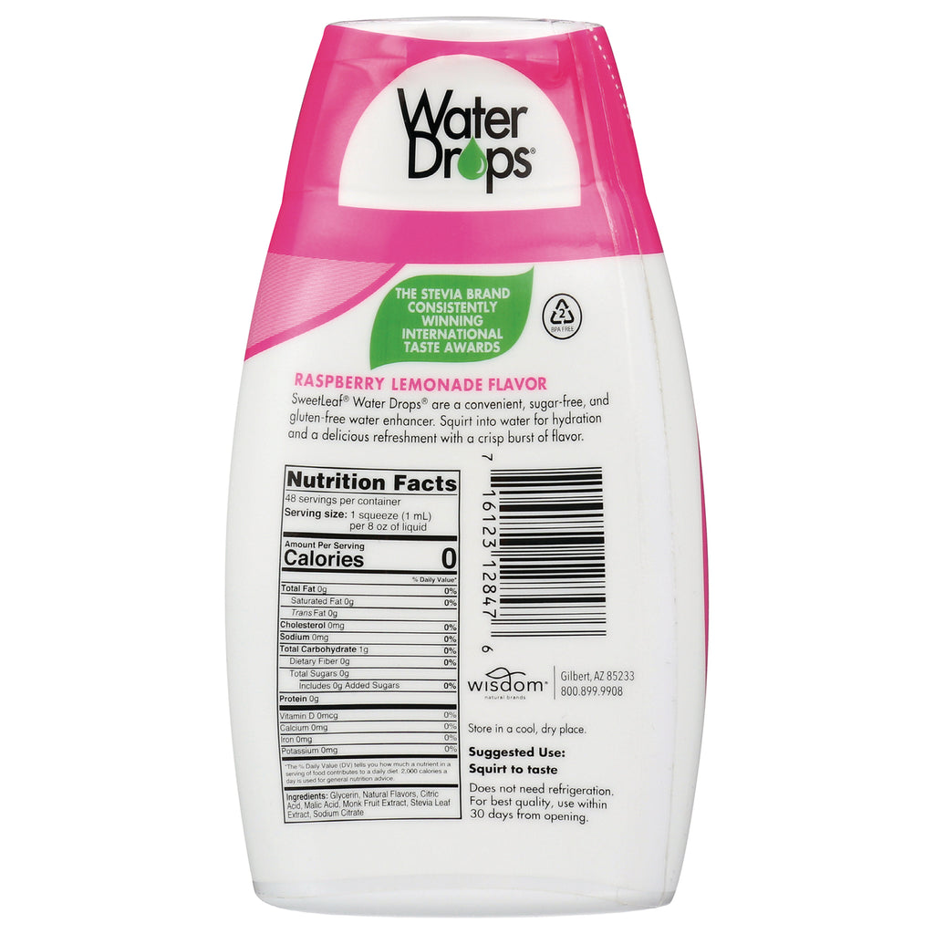 WA087 | Back of SweetLeaf Water Drops Raspberry Lemonade, Nutrition Facts, ingredients, and barcode - Thumbnail