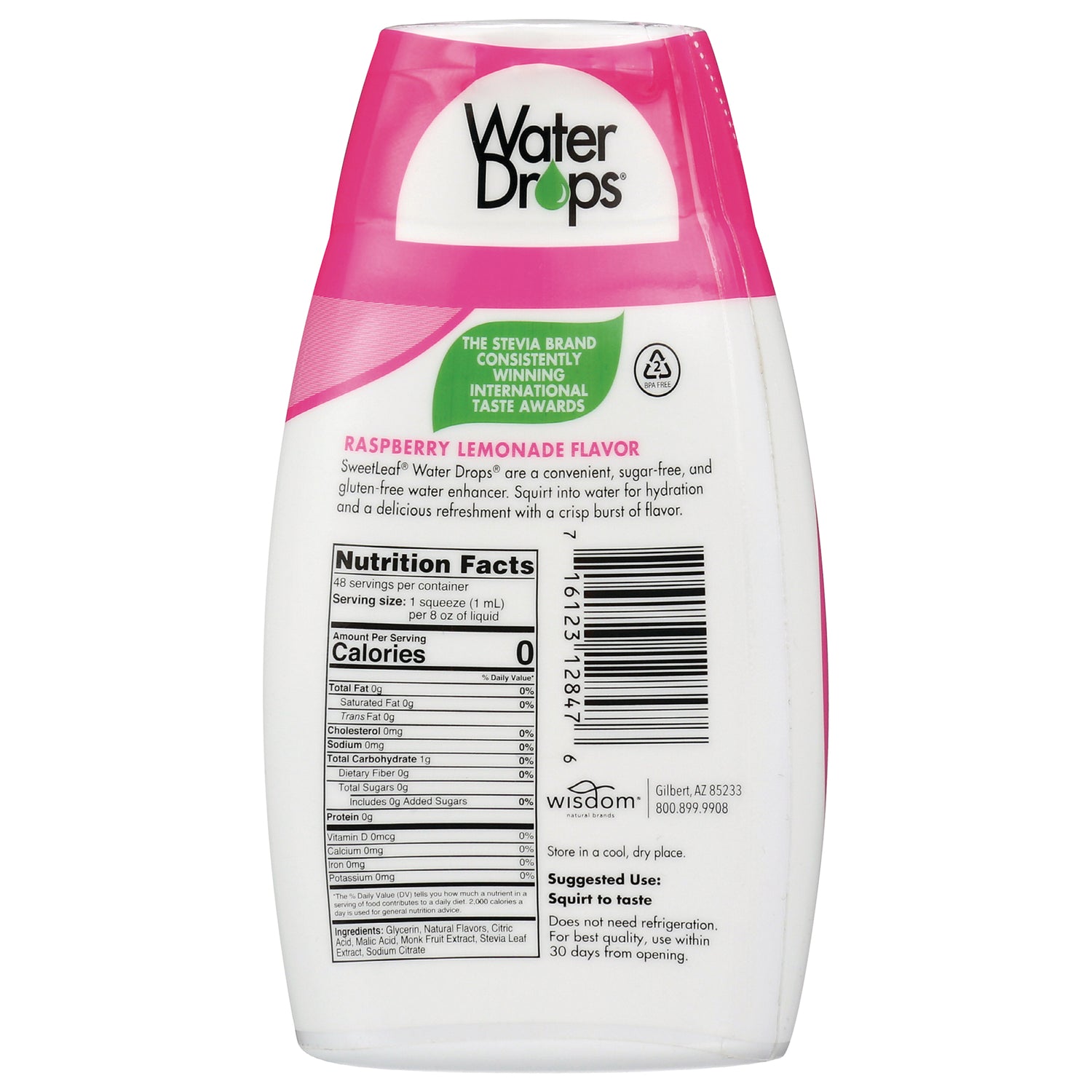 WA087 | Back of SweetLeaf Water Drops Raspberry Lemonade, Nutrition Facts, ingredients, and barcode