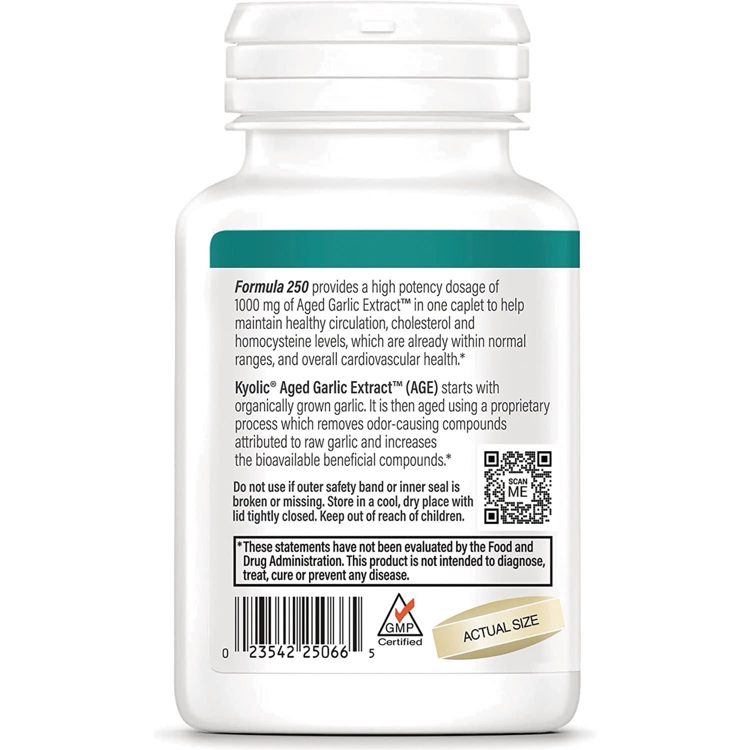 KY077 | Back label of white supplement bottle with product information, barcode, QR code, warnings and actual size graphic
