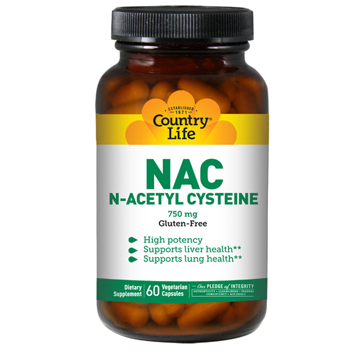 CRL415 | Country Life NAC N-acetyl cysteine 750 mg supplement bottle with 60 vegetarian capsules visible