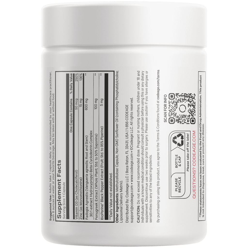 CDG057 | back label showing supplement facts panel, ingredient list, warnings and QR code on white bottle - Thumbnail