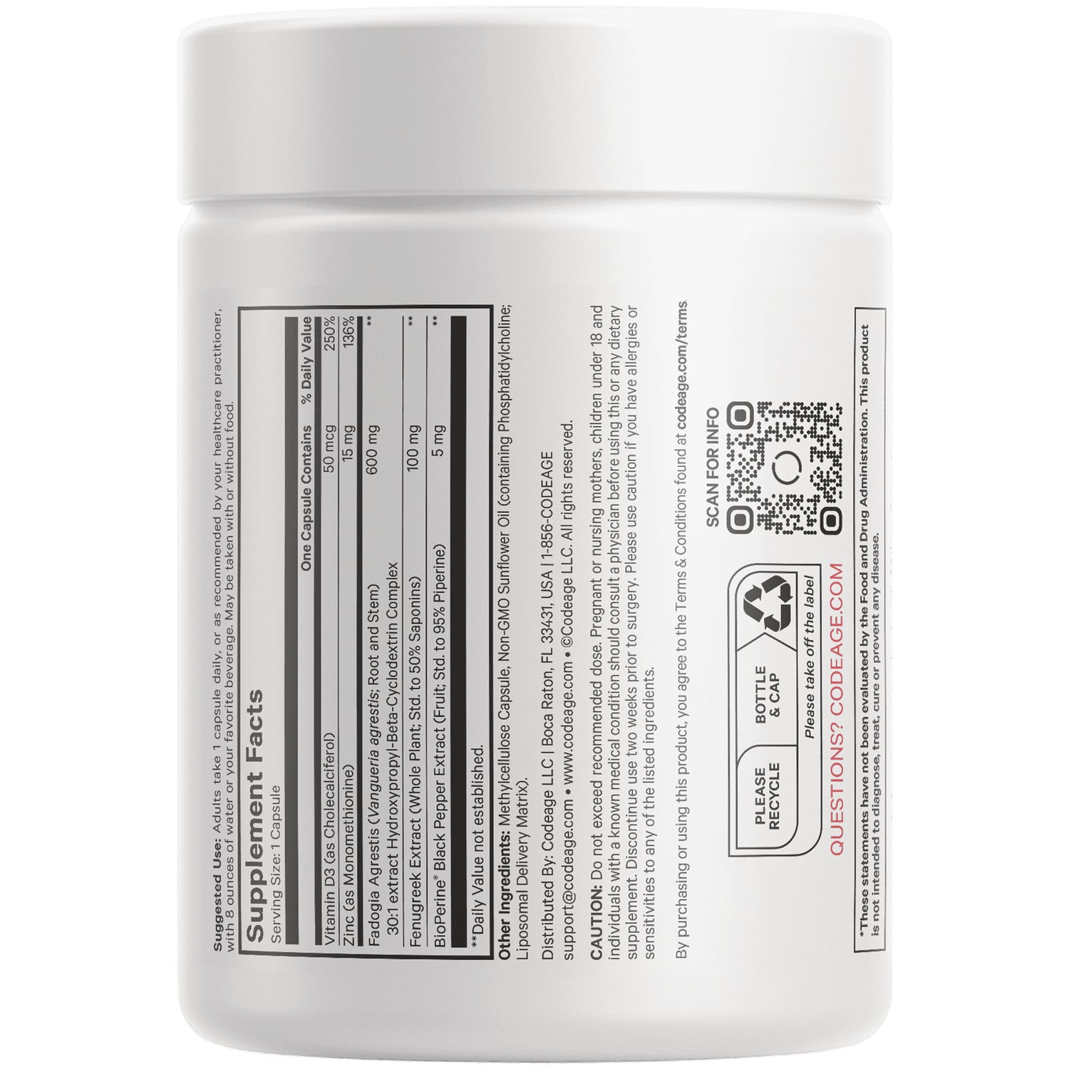 CDG057 | back label showing supplement facts panel, ingredient list, warnings and QR code on white bottle