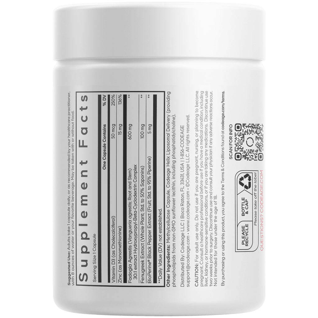 CDG057 | back label showing supplement facts panel, ingredient list, warnings and QR code on white bottle - Thumbnail