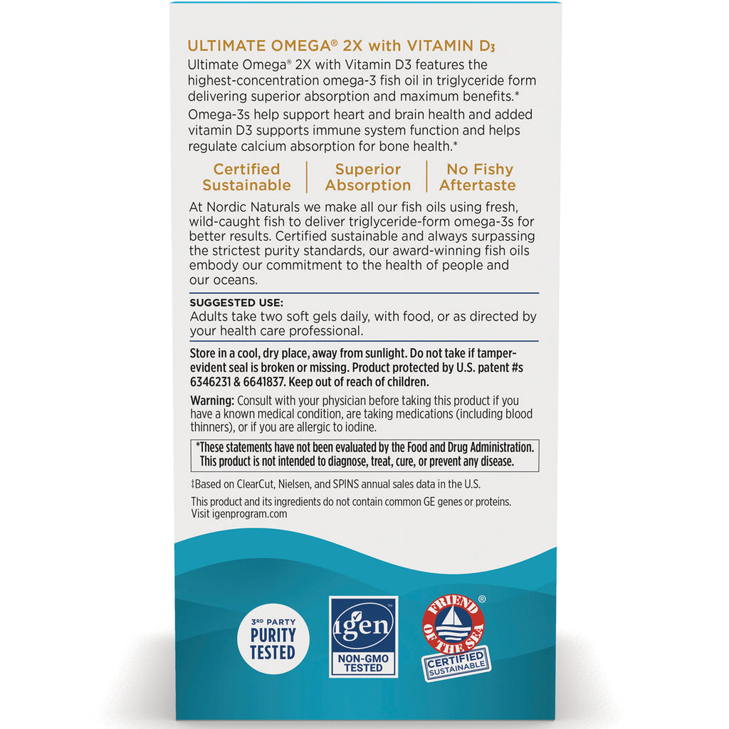 NRN085 | Back of Ultimate Omega 2X with Vitamin D3 box showing suggested use, warnings, and certification badges - Thumbnail
