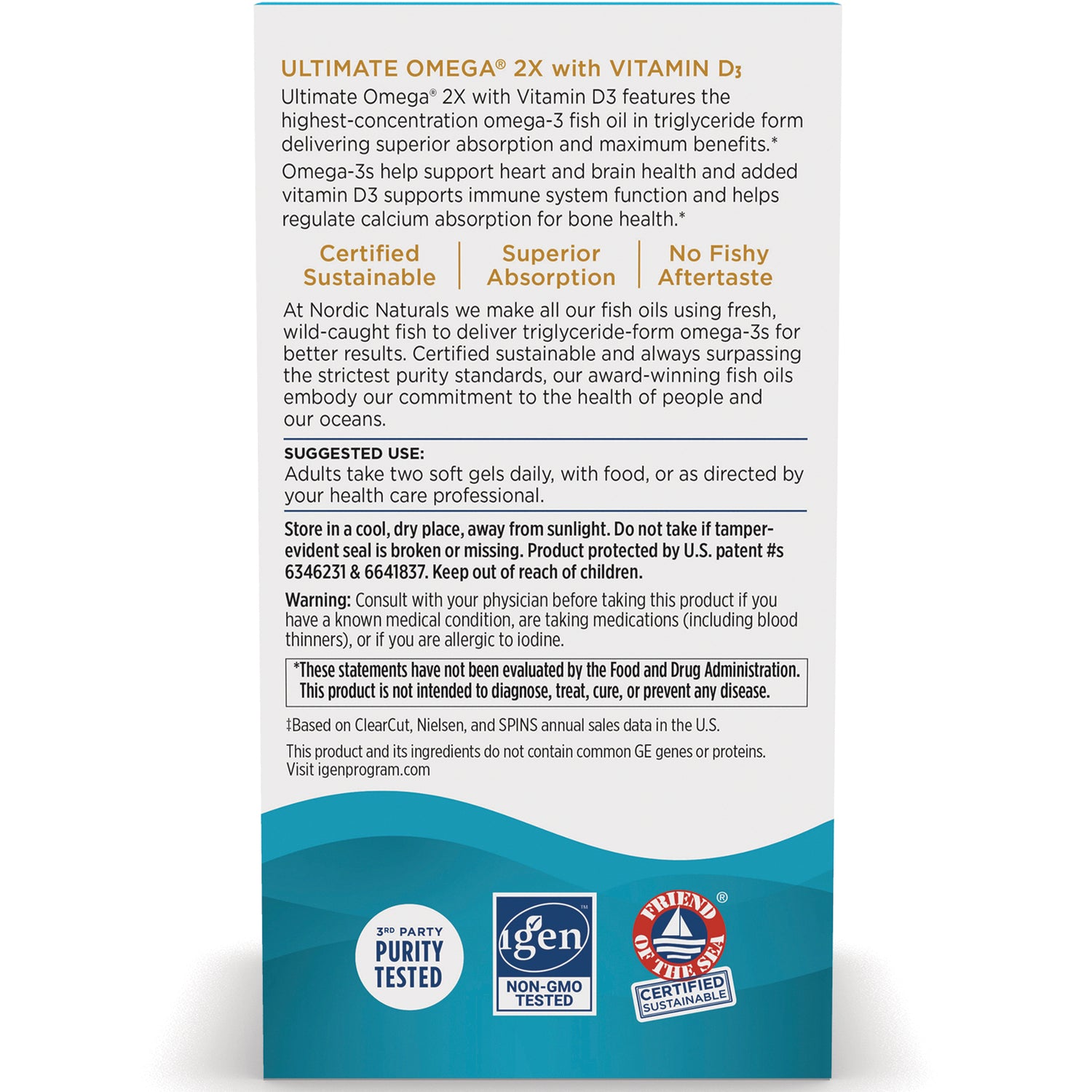 NRN085 | Back of Ultimate Omega 2X with Vitamin D3 box showing suggested use, warnings, and certification badges