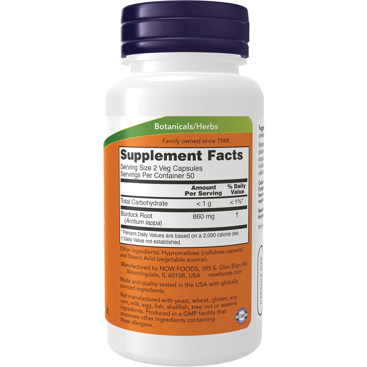 NWF530 | back label showing Supplement Facts and ingredients for burdock root 860 mg, serving size 2 veg capsules