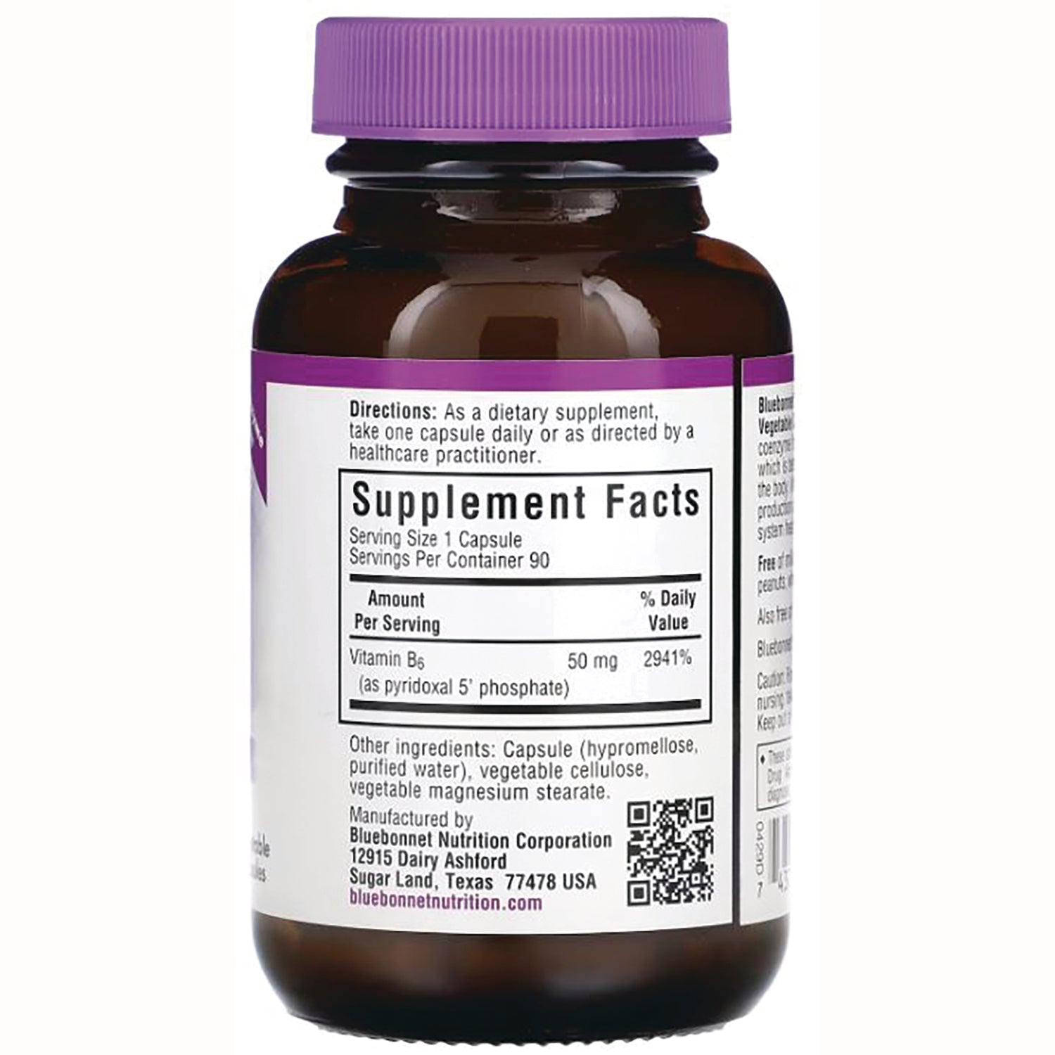 BLU065 | Back label showing Supplement Facts and directions on brown bottle with purple cap